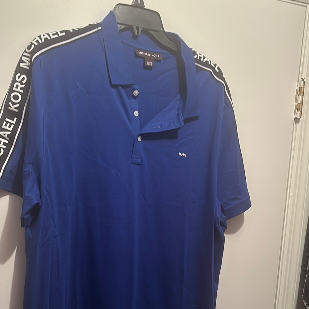 Brand New Michael Kors Blue Polo Shirt with Sporty Stripe Design